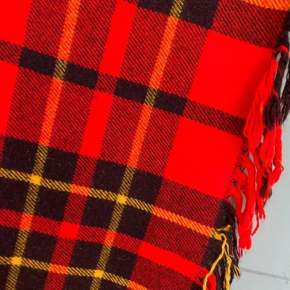 VTG Red Plaid Wool Blend Blanket Throw Fringed 54x54 Camp Picnic Stadium